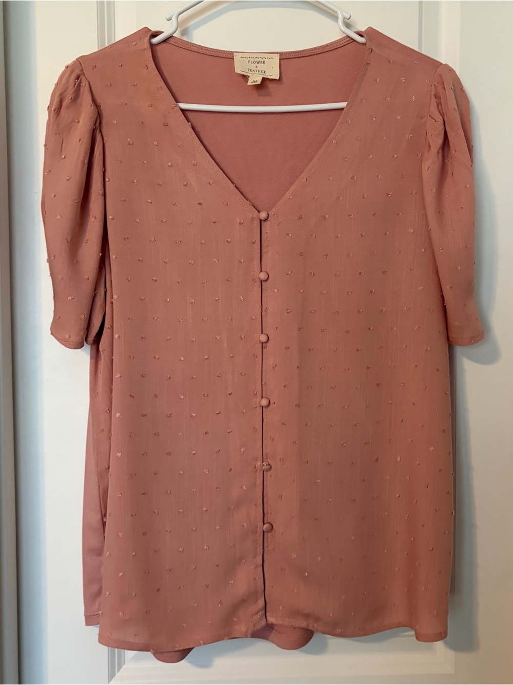 Flowers & Feather- Floral & Thread Textured V-Neck Blouse in Dusty Rose
Size M